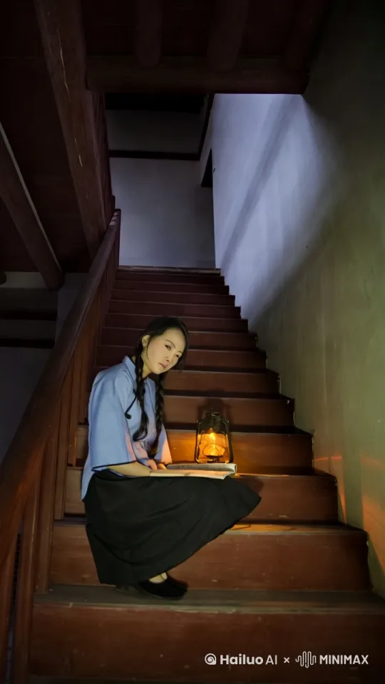 女子读书后站起来[下降]向上登楼梯[变焦推进]暮然回首 by Hailuo AI Video Generator