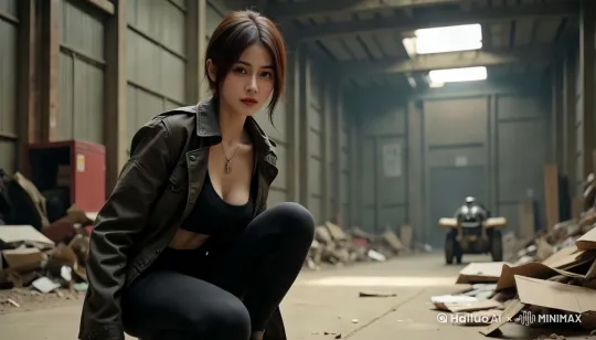 画面中蹲在废弃仓库的女人，蹲地上露出疑惑的表情，头转向画面中黑色车的方向，镜头[推进]，展示女人脸部特写 by Hailuo AI Video Generator