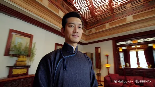 个男主角身穿中式装。在一个客厅挑空的别墅的中式风格里，镜头从远到近，[左移,右摇,跟随]再一个环绕镜头再拍一下吊顶的一个。[左移,上升]环绕效果。走到一个落地大窗外面是典雅的中式园林风格。出片效果大师电影质感。 by Hailuo AI Video Generator