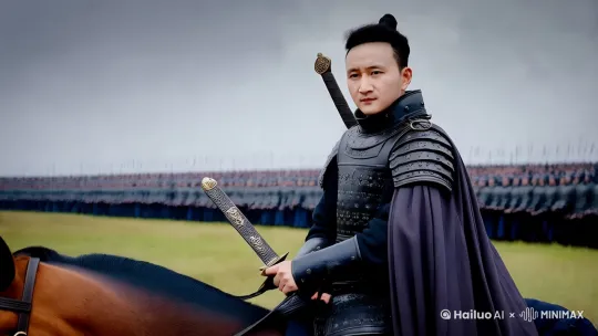 古代大将，骑着战马，拿着长剑，准备御敌厮杀，身后是千军万马，场景恢弘 by Hailuo AI Video Generator