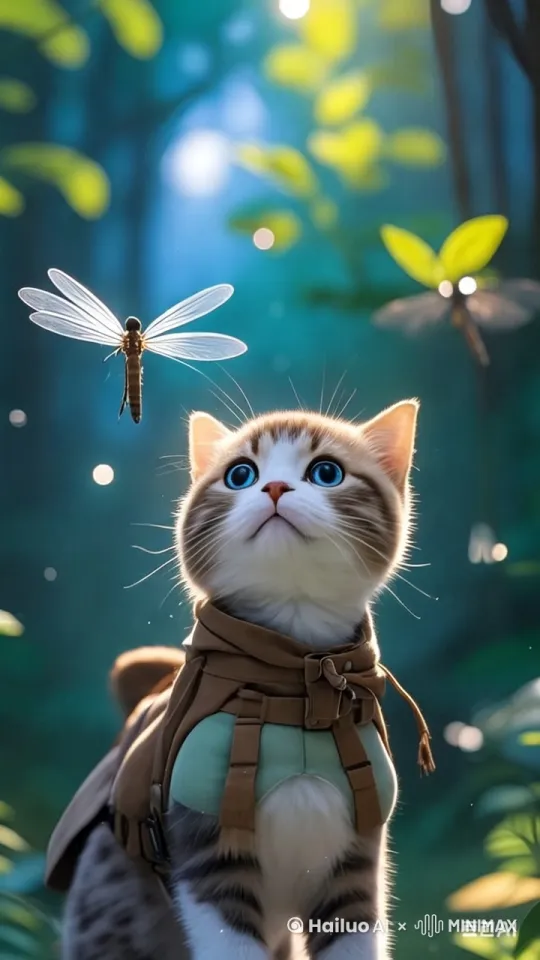 小猫追赶蜻蜓，蜻蜓停下与小猫握手，然后同时向前追赶，合协嬉戏打闹的场景 by Hailuo AI Video Generator