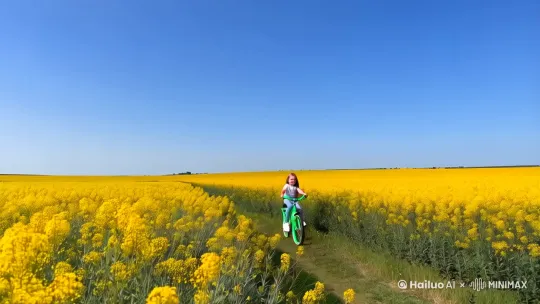 一一个长头发的小女孩儿骑着一个绿色的自行车，走在一个开满油菜花的田野里。 by Hailuo AI Video Generator