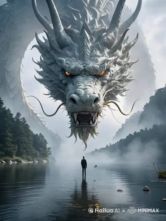巨型灰白色巨龙半空盘旋，龙须飘动，橙目怒睁，大口开合。水面身着正装的人脚步踉跄，惊恐回望 。镜头运动往后拉， by Hailuo AI Video Generator