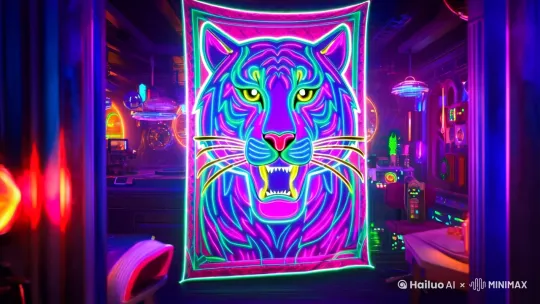 Cyberpunk anime, glowing neon tiger tapestry, vaporwave lighting by Hailuo AI Video Generator