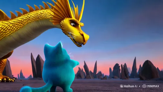 一只蓝色的胖猫大战一条黄色的巨龙。 by Hailuo AI Video Generator