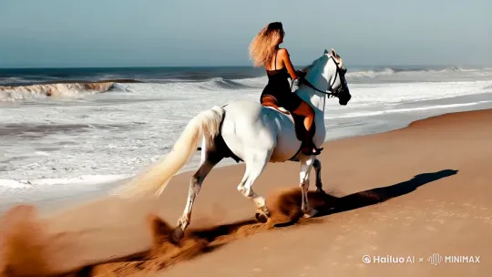 金发飘扬的美女骑着纯白的阿拉伯骏马飞驰在波涛汹涌的海滩上。镜头先正面平推然后环绕追随直到从画面消失 by Hailuo AI Video Generator