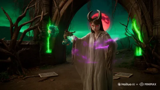 暗黑奇幻风格术士,身披风化亚麻布长袍,头生扭曲恶魔角,惨白皮肤与血红色瞳孔形成强烈对比,双手异化为尖锐骨爪,周身环绕流动的暗紫色奥术能量,背景为坍塌的哥特式拱门遗迹,空中悬浮着幽绿邪能火球,枯木枝干间弥漫荧光绿毒雾,地面散落古代符文石板,天际线处隐约可见血色残月,整体画面充满压迫感的黑暗魔法气息 by Hailuo AI Video Generator
