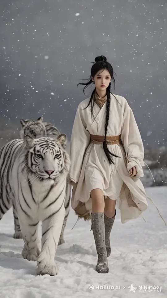 女孩带着前面一只白虎离开，后面一直白虎停在那里观望，大雪纷飞，女孩发丝飞扬，镜头保持不动 by Hailuo AI Video Generator