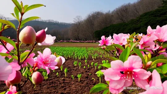 镜头由远及近，桃花梨花一点点开放，土里钻出了萌芽，小鸟在天空飞来飞去。以此为主题，创作一个惊蛰节气的宣传视频，要求画面主体动态呈现，自然流畅，融合，过程丝滑而匀速，符合逻辑，极致细节，镜头跟拍，超真实动态捕捉，不模糊，高质量，没有瑕疵，时长10秒以上。 by Hailuo AI Video Generator