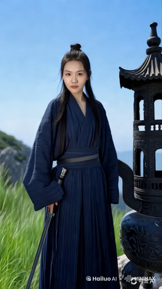 女侠一手拿剑，一手拿剑鞘，先拿着剑指向左边，再指向右边，然后把剑收回剑鞘，从山旁边的小路，呼唤出一朵白云，她跳到云彩上，向远方飞走 by Hailuo AI Video Generator
