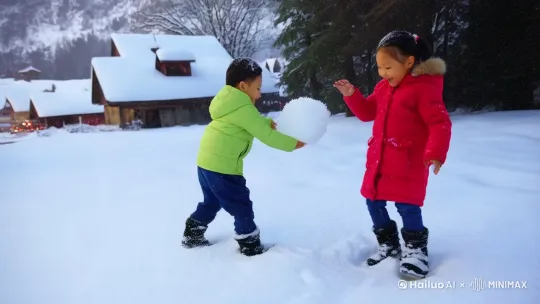一两个小朋友在雪地里打雪仗十分的开心，后面村上地上都是白雪并有雪花飘落。[左移,上升] by Hailuo AI Video Generator