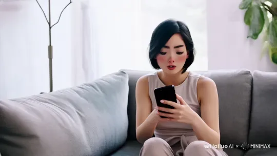 妈妈坐在沙发上，聚精会神的看着iphone，时间久了，换成躺在沙发上继续看，最后，她感觉到眼睛干涩难受，生气的揉眼睛 by Hailuo AI Video Generator