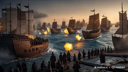 明军海战，跟清兵作战 ，几艘明代战船一齐开炮，海上硝烟四起 by Hailuo AI Video Generator