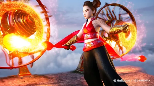 Pixar style 3D character design, Nezha in dynamic combat pose, 
[two flaming mechanical buns with particle trails] + [wind-fire wheels melting clouds beneath feet] + [red-tasseled spear with photon spiral effect], 
traditional Chinese elements: 
- Red silk肚兜 with 4K embroidered lotus patterns 
- Black linen pants with dynamic cloth simulation 
- Ancient armor details on golden wrist guards 
- Red celestial ribbon wrapping around body in fluid dynamics 
Hyper-detailed features: 
* Subsurface scattering on youthful skin with glowing battle scars 
* Micro-detailed hair strands in double buns emitting sparks 
* Volumetric light through translucent red sash 
* Metallic reflections on rotating wind-fire wheels 
Epic background: 
Celestial palace floating on golden clouds, 
cracked jade pavement with molten wheel tracks, 
holographic Taoist seals glowing in the air, 
army of golden-armored heavenly soldiers in distance 
Color scheme: Vibrant red/gold contrast with neon cyan accents 
Technical specs: 
PBR materials, Unreal Engine 5 rendering, 
motion blur on spinning wheels, 
octane volumetric lighting, 
8k resolution --ar 3:4 --niji 6 by Hailuo AI Video Generator