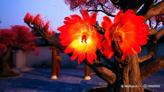 .
全景镜头:
场景:古风庭院,庭院中央矗立着一株苍劲的梅树,枝头绽放着两朵并蒂火焰花。
火焰花细节:花瓣呈现半透明渐变橙红色,花芯散发柔和金光,花瓣边缘有星火粒子飘散,营造出一种神秘而奇幻的氛围。
2.
特写镜头:
火焰花表面:流动着熔岩般的纹理,周围空气因高温产生轻微扭曲效果,增添视觉上的动态感。
细节:通过houdini流体模拟技术,模拟花瓣飘落的过程,火焰花发光效果带有volumetric light scattering,增强立体感和真实感。
3.
中景镜头:
月洞门:树下立着月洞门,门边站着一位绾飞仙髻的唐风仕女。
仕女服饰:身着渐变胭脂红齐胸襦裙,披帛缀满金丝刺绣,左手轻抚额头,右手执湘妃竹骨折扇,姿态优雅。
4.
光影细节:
光线:黄昏光线(magic hour)从西侧斜射,在青砖地面投射出火焰花枝的婆娑倒影。
光晕效果:仕女裙摆的轻纱呈现半透明光晕,增加画面的层次感和梦幻感。
5.
动态元素:
燃烧的花瓣:偶尔有燃烧的花瓣飘落,在触地前化为金色流火消散,增加画面的动感和神秘感。
仕女动作:仕女的珍珠步摇随着仰头动作轻轻摇晃,增添生动感。
风格参数
画面风格:新国风奇幻写实,参考阮佳和WLOP的笔触,8K超高清渲染,确保画面细腻且富有艺术感。
色彩搭配:主色调采用朱砂红×黛青的经典撞色,辅以泥金勾边,形成强烈的视觉对比,同时保持传统中国画的韵味。
特效要求:
花瓣飘落:使用houdini流体模拟技术,模拟花瓣飘落的自然动态效果。
火焰花发光:带有volumetric light scattering效果,增强立体感和真实感。
构图参考:结合宋代院体花鸟画的折枝构图法,以及电影《影》的对称美学,确保画面构图优美且富有层次感。
氛围滤镜:添加轻微的中国画绢本纹理,暗部加入青绿山水色调,营造出浓厚的中国传统艺术氛围。 by Hailuo AI Video Generator