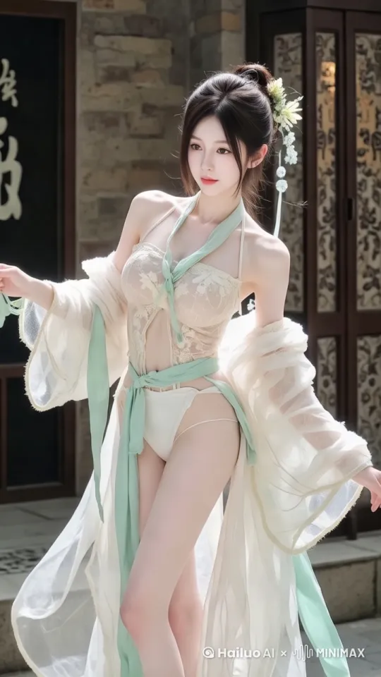 图中女孩转身舞蹈，衣服随着动作轻轻飘扬，最后妩媚面对前方 by Hailuo AI Video Generator