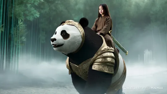 根据您提供的描述，您想要生成一张图片，其中包含一个18岁的长发女孩、身穿褐色麻布衣汉服、背着青铜青龙宝剑、坐在体型巨大的熊猫身上，并且具有废土风格、低饱和度、灰色调、侘寂风格、东方美学、青绿色调、大师级作品、长焦摄影、超清8K、极简风格和超高细节的特点。以下是这张图片的详细描述：

- **主体**：一个18岁的长发女孩，身着褐色的麻布衣汉服，背后背着一把青铜青龙宝剑。
- **坐骑**：一只体型巨大的熊猫，带有黄金盔甲圣衣，正在缓步行走。
- **背景**：一片竹林，大雾弥漫，整体色调灰暗，具有废土风格和低饱和度。
- **色调和风格**：整体画面采用侘寂风格和东方美学，青绿色调，给人以大师级作品的感觉。
- **摄影和细节**：先采用长焦摄影全景，拍摄女孩英气的面容和熊猫坐骑，采用[左移,上升]超清8K技术，画面风格极简，但细节超高。 by Hailuo AI Video Generator