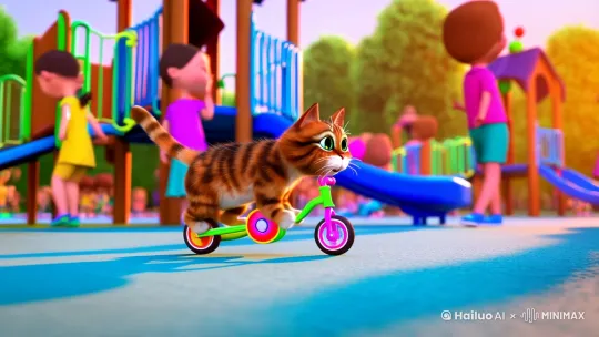 一只花猫在操场上骑自行车 by Hailuo AI Video Generator