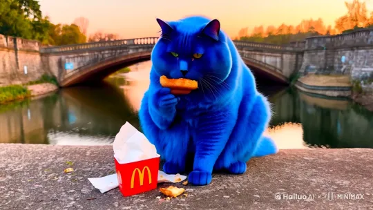 蓝色的胖猫在桥上吃麦当劳 by Hailuo AI Video Generator