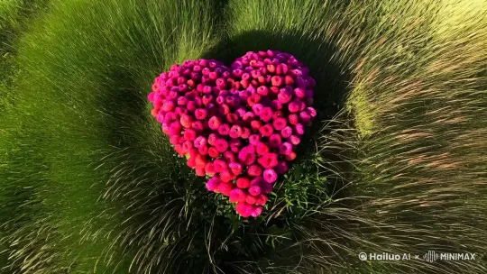 中心是心形油菜花，四周是草地，航拍视角，32k高清画质， by Hailuo AI Video Generator