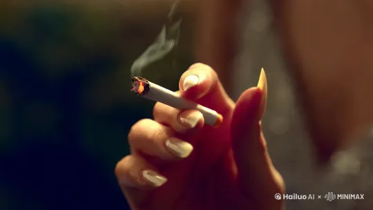 动画，一只有着修长手指的手，手指夹着一枝燃着的香烟，手指轻轻一磕，烟灰缓缓掉落，在空中幻化成无数，五颜六色的很小很小的鱼，它们向空中游去，魔幻感，梦幻感，和图片风格，构图一致， by Hailuo AI Video Generator