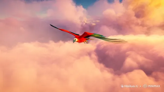 骑着神朱雀穿梭在云层 by Hailuo AI Video Generator