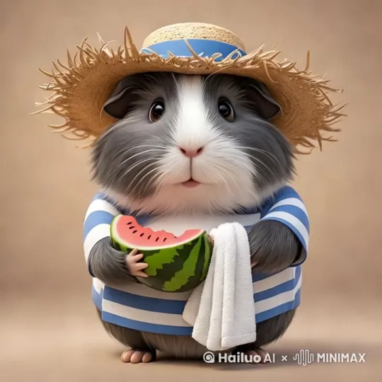 一只可爱胖乎乎的豚鼠，毛茸茸的皮毛和凌乱的头发，柔软可爱，戴着草帽，脖子上缠着毛巾，手里拿着一个大西瓜，大眼睛，充满智慧，有趣的表情，迪士尼形象，拟人化动作，全身镜头，手绘风格，高清细节，单色背景，8 k，删除纹理，3D by Hailuo AI Video Generator