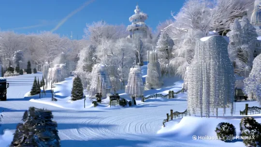 雪乡，银装素裹的童话世界，纯净的雪景仿佛将时间凝固，每一处都闪耀着冬日的神奇与宁静，令人心驰神往。[左移,右摇,跟随] by Hailuo AI Video Generator