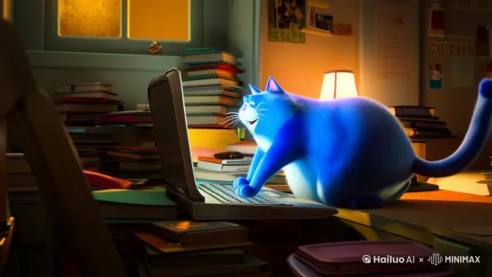 一只蓝色的胖猫在宿舍里面玩电脑大喊大叫 by Hailuo AI Video Generator