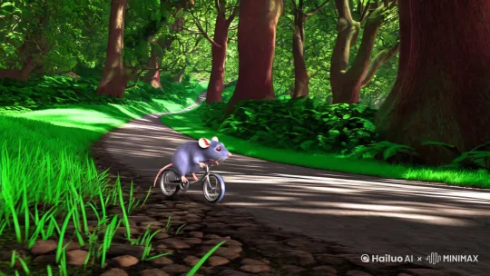 一只老鼠骑着单车在路上飞奔。 by Hailuo AI Video Generator