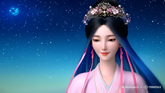 在一个如梦似幻的星空背景下，一位气质非凡的长发女性静静伫立。她的头发呈现出蓝黑渐变的色彩，仿佛将夜空的深邃与神秘凝聚于一身。发丝柔顺亮泽，梳成一个精致的发髻，几缕发丝自然垂落，增添了几分柔美。发髻上系着两条粉色飘带，随风轻轻飘动，为整体造型增添了一丝灵动与活泼。

她的头上戴着一顶精致花饰发冠，发冠以金银丝线编织而成，点缀着细小的珍珠和宝石，散发着柔和的光芒。花饰以淡雅的粉色和白色为主，与她的发色和服饰相得益彰，凸显出她的高贵与优雅。

她的面容精致，五官立体，眼神专注而深邃，仿佛在凝视着远方的星辰，又似在思考着宇宙的奥秘。她的肌肤如瓷般光滑，唇色淡雅，微微上扬的嘴角带着一丝若有若无的微笑，给人一种宁静而神秘的感觉。

她的服饰是一件淡粉色的露肩纱质长裙，裙身轻盈飘逸，仿佛由云朵和星光织就。裙子上绣有精美的银色花纹，这些花纹在光线的照射下闪烁着微光，如同夜空中的星辰。肩部装饰着立体花朵，[右移,跟随] by Hailuo AI Video Generator