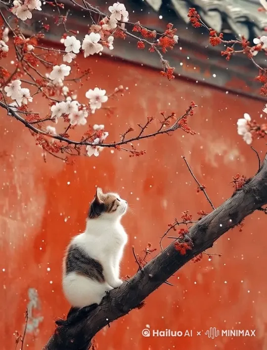 雪花飘落，两只鸟儿在桃花树上重逢 by Hailuo AI Video Generator