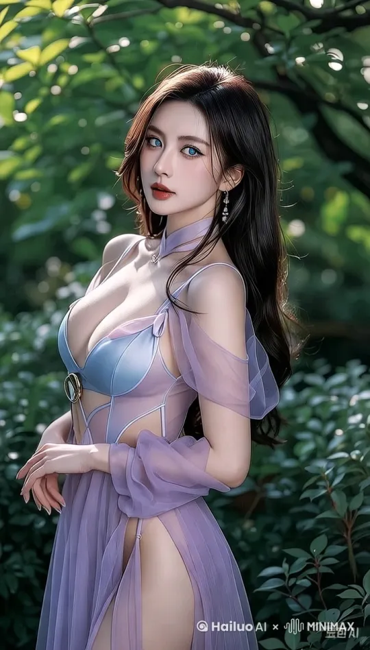 热带雨林风格舞蹈视频，“美女”在一片郁郁葱葱的绿色植被前跳着热情洋溢的拉丁舞。她身着一袭蓝紫渐变的透明纱质连衣裙，裙摆随风轻扬，展现出曼妙身姿。深色长发自然披散，随着舞步摇曳生姿。她佩戴着精致的长耳环，增添了几分异域风情。双手优雅地在空中划出弧线，时而轻触纤腰，展现出拉丁舞特有的韵律感。阳光斑驳，透过密集的树叶，为她镀上了一层金色的光辉，宛如森林中的精灵。近景，跟随镜头捕捉每一个舞动瞬间，展现出舞者与自然环境的和谐共生。 by Hailuo AI Video Generator