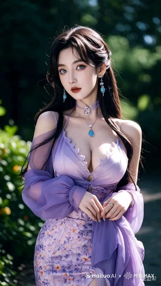 热带雨林风格舞蹈视频，“美女”在一片郁郁葱葱的绿色植被前跳着热情洋溢的拉丁舞。她身着一袭蓝紫渐变的透明纱质连衣裙，裙摆随风轻扬，展现出曼妙身姿。深色长发自然披散，随着舞步摇曳生姿。她佩戴着精致的长耳环，增添了几分异域风情。双手优雅地在空中划出弧线，时而轻触纤腰，展现出拉丁舞特有的韵律感。阳光斑驳，透过密集的树叶，为她镀上了一层金色的光辉，宛如森林中的精灵。近景，跟随镜头捕捉每一个舞动瞬间，展现出舞者与自然环境的和谐共生。 by Hailuo AI Video Generator