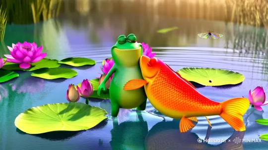 A 20-second 3D animation in Pixar style, showing a chubby anthropomorphic green frog (1.2m tall) happily hugging a large orange-red carp (1m long) in a sunlit pond. The scene features crystal-clear water with light refraction effects, 5-7 floating lotus leaves with dewdrops, 3 blooming pink lotuses with gradient petals, 4-5 buds, and scattered floating petals. The frog has a big toothy grin while gently paddling with its webbed feet, creating circular ripples. The carp smiles with closed eyes, rhythmically swishing its tail. Include 2-3 dragonflies in the upper right corner, soft bokeh background with blurred reeds, and cinematic 360-degree slow orbiting camera movement. Use ray-traced water reflections, wet skin shaders, and dynamic blur for realistic motion. Warm golden hour lighting with volumetric sun rays.
[左摇,下降,变焦拉远] by Hailuo AI Video Generator