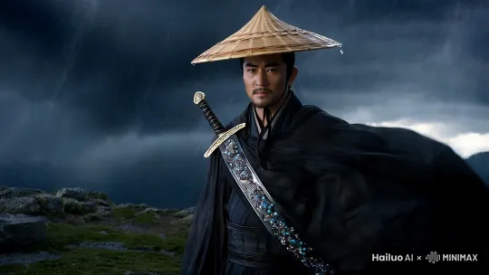 一个头戴精致箬笠，身披深色厚重斗篷，背后斜背着一把锋利长剑的大侠，他身姿挺拔，站立在风雨交加的山顶，面色冷峻，眼神坚定而深邃，透出一股无畏的气势。他的斗篷在狂风中烈烈飞舞，箬笠的边缘不断有雨水滴落，而那把长剑的剑柄镶嵌着璀璨宝石，剑身在雨水的冲刷下闪烁着冷冽光芒，仿佛在诉说着他过往的传奇经历。大侠的面部轮廓分明，下巴有着微微的胡茬，透露出沧桑与坚毅，整个画面背景是阴云密布、电闪雷鸣的天空，营造出一种紧张而神秘的氛围，展现出大侠的孤独与不凡。 by Hailuo AI Video Generator