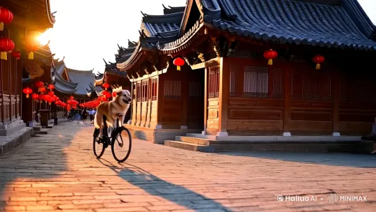 一只狗狗在古街骑行，国风系列 by Hailuo AI Video Generator