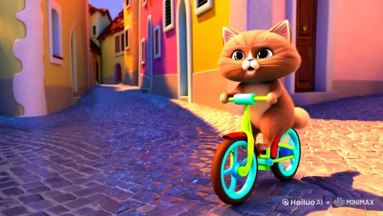 1小花猫骑着自行车在大街上奔跑 by Hailuo AI Video Generator