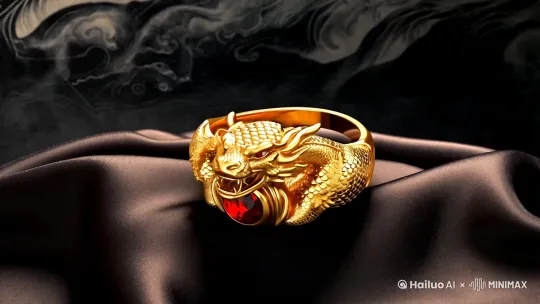 "Generate a 30-second luxury jewelry promotional video:  
1. Open with a golden dragon-patterned ring on black silk, ultra-detailed close-up, cinematic lighting.  
2. Transition: Dragon smoke rises from the ring, mythical particle effects.  
3. Main scene: A golden Chinese dragon wraps around the ring, flying through ink-painting clouds and mountains.  
4. Climax: Dragon's eyes shoot red light to ignite the ring's gemstone, fire VFX.  
5. Ending: Dragon transforms into brand logo with Chinese calligraphy '龙佑金生'.  
Style: Blend traditional Chinese art with modern luxury, color palette: gold, red, black. Music: Epic orchestral with guzheng accents." by Hailuo AI Video Generator