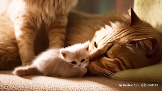 卡通猫咪，一个猫咪妈妈，一个猫咪宝宝，猫咪宝宝依偎在猫咪妈妈身旁，并且走来走去 by Hailuo AI Video Generator