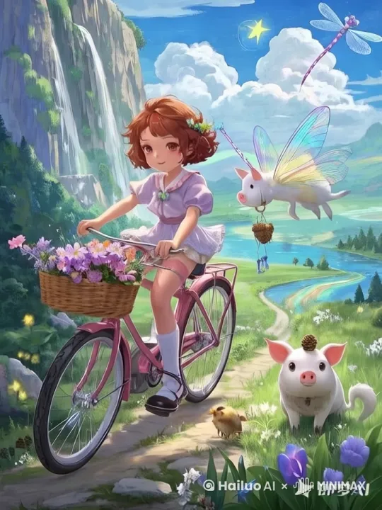 小姑娘骑车向前运动,镜头后拉,画面广角,头发被微风吹拂动态效果,小动物们紧跟小姑娘,植物花草随风摇摆,水面波光粼粼,云朵动起来,整体画面从平面润色立体感强,最后航拍效果结尾,大致15秒视频 by Hailuo AI Video Generator