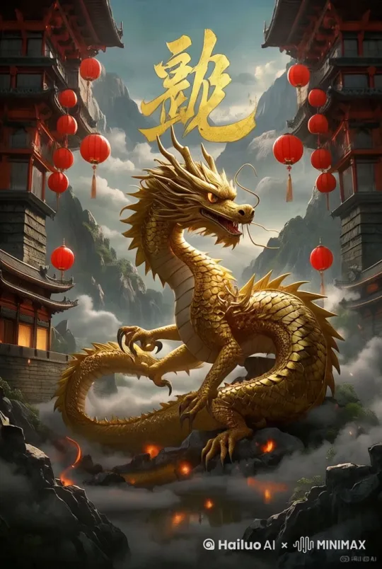无人机仰角跟拍金龙腾云画面，龙身缠绕鎏光祥云，鳞片反射朝阳金芒。镜头以每秒15°速率螺旋上升，伴随龙吟声效逐渐拉远至全景，金龙化作光点消散于卷云层间（注意是图片中的金龙主体，而不是金龙头顶上的文字）[推进,上升] by Hailuo AI Video Generator