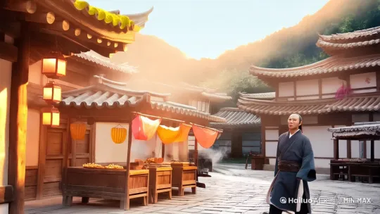 【场景构建】
"Ancient stone-paved street bustling with life, weathered wooden shopfronts with carved eaves, silk lanterns swaying in the breeze, steaming food stalls emitting golden light, realistic volumetric sunlight filtering through tiled roofs, 4K hyper-detailed textures showing moss between cobblestones, traditional signboards with faded calligraphy casting dynamic shadows, distant misty mountain backdrop, cinematic depth of field"
【神秘人物特写】
"Medium close-up of enigmatic figure in indigo hemp robe standing contrapposto, backlit by afternoon sun creating rim light on shoulder contours, sudden 3/4 head turn revealing partial face with faint scar on jawline, calloused hand gesturing dramatically with index finger extended, dynamic motion blur on flowing sleeves, micro-expressions of urgency in narrowed eyes, shallow focus emphasizing subject"
【招牌揭示镜头】
"Slow dolly zoom towards weathered cedar signboard, hand-chiseled characters '沙娃抵卡' with ink bleeding into wood grain, bronze edging patinated with verdigris, suspended chains creaking slightly, morning dew droplets sliding down serif strokes, flickering neon halo around vintage characters, parallax movement revealing hidden auspicious cloud motifs in negative space, anamorphic lens flare accenting golden hour lighting" by Hailuo AI Video Generator