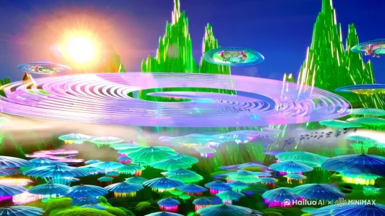 **镜头一：异星全景（突出生态多样性）**  
双恒星照耀下的翡翠色星球，天空弥漫淡紫色电离云层。  
- **地貌**：巨型螺旋状晶簇山脉悬浮于空中，地表覆盖荧光蓝的液态植被沼泽，半透明树冠如伞盖般层叠生长，流淌着彩虹色汁液的藤蔓在雾霭中蠕动。  
- **生物**：长着发光触须的六足兽群掠过沼泽，空中漂浮着水母状透明生物，孢子植物随呼吸节奏明灭闪烁。

**镜头二：采集小队特写（强化外星科技与中医符号）**  
- **机器人战士**：流线型银色装甲镶嵌生物电路纹路，眼部扫描仪投射全息防御网，手持脉冲能量矛警戒，机械关节缠绕外星藤蔓（体现生态融合）。  
- **女医生苏棠**：  
  *形象*：乌黑长发绾成中式发髻，插着雕花玉簪，身着月白色纳米纤维旗袍（领口绣银色草药纹样），手腕戴青铜色经络诊疗环。  
  *动作*：半跪在发光的"翡翠蟾衣草"前，用磁悬浮药钵收集叶片渗出的金色液体，腰间悬挂针灸包与太极图案的智能百草匣。  
  *细节*：眉心有中医五行符号的全息投影，脚边放着青铜兽首纹药炉，炉中飘出靛青色药烟驱散有毒孢子。

**镜头三：生态冲突瞬间（制造戏剧张力）**  
背景中巨型食肉花突然喷射酸液，机器人战士启动离子护盾。  
- **苏棠反应**：冷静抽出九针玄铁针，刺入身旁"龙鳞铁皮石斛"激发防御性生物电场，针法轨迹形成道家符咒光纹。  
- **环境呼应**：受刺激的荧光苔藓瞬间蔓延成保护屏障，印证她对生态的理解。[跟随] by Hailuo AI Video Generator