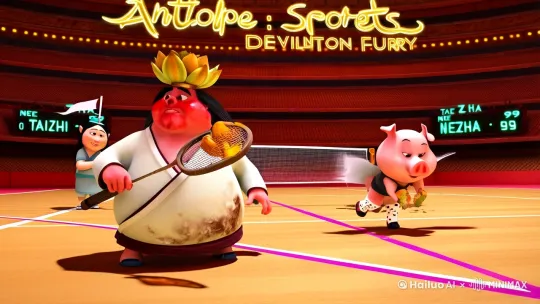 Humorous scene of Taiyi Zhenren from "Ne Zha: Devil Boy's Fury" playing badminton in "Antelope Sports" stadium, cinematic 8K, Pixar animation style
**Character Design**:
- Overweight Taoist in stained white robe, crooked lotus crown, red drunken face, holding broken racket with wine gourd leaking liquor
- Flying pig companion chewing on shuttlecocks, duck-patterned sports socks
**Court Features**:
- Giant neon "羚羊体育羽毛球馆" sign in seal script on ceiling, scoreboard showing "TAIYI 0 : NEZHA 99"
- Court lines damaged by pig teeth marks, Q-version Nezha holding red penalty card
**Action**:
- Taiyi falling backwards with racket stuck in belly fat, shuttlecock trailing liquor spray
- Shuttlecock embedded in his hair with white surrender flag
**Style**: Comedy chibi animation, warm lighting, exaggerated facial expressions --ar 4:3 --v 6.0 by Hailuo AI Video Generator