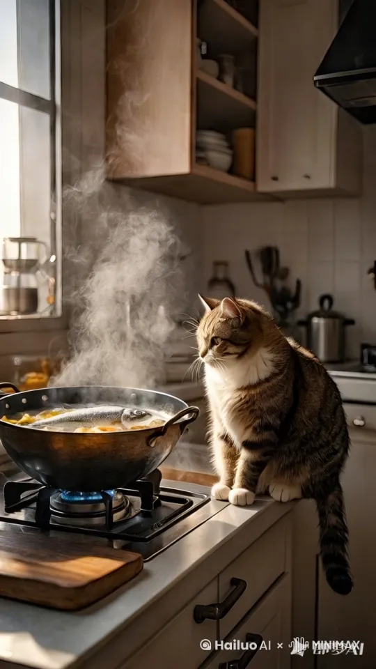 猫去吃锅里的东西，碰到锅里的东西时，猫被烫到，疼的猫跳了起来，跳到了锅里，猫又疼的在锅里跳了出来。，镜头跟拍。 by Hailuo AI Video Generator
