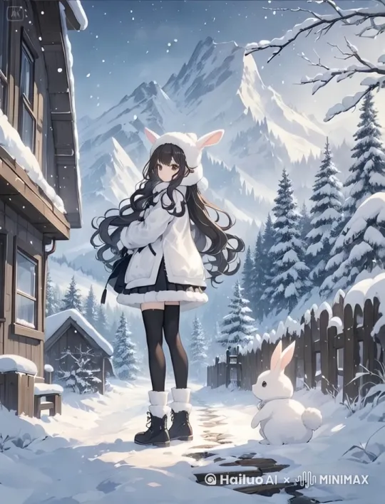 女孩领兔子雪地里漫步，超清全景广角镜头 by Hailuo AI Video Generator