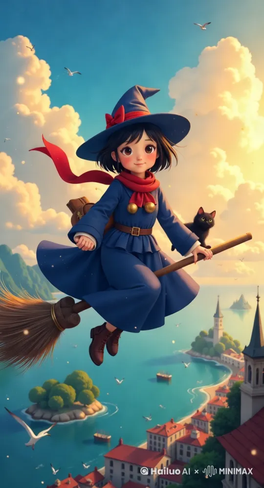 A 13-year-old witch with short black hair, round face, and large expressive eyes, wearing a classic black robe with a red bow, flying on a wooden broomstick with a parcel and bells attached, accompanied by a black cat (Jiji) on her shoulder, dynamic wind blowing her scarf and hair, golden magic particles trailing behind the broom and gradually dissipating, soft backlighting transitioning from dawn to sunset, gradient sky shifting from azure to peach tones, fluffy cumulus clouds slowly drifting, European coastal town with red-roofed buildings and a distant airship moving in the background, small green islands below with seagulls soaring over gently rolling waves, volumetric sunlight piercing through clouds and moving across the scene, Studio Ghibli-style watercolor textures blended with 3D realistic details (wood grain, cloth folds), warm and whimsical atmosphere, aerial view with slow camera pan and rotation, ultra-detailed, 8k, dynamic motion blur, time-lapse effect --ar 16:9 --v 6 by Hailuo AI Video Generator