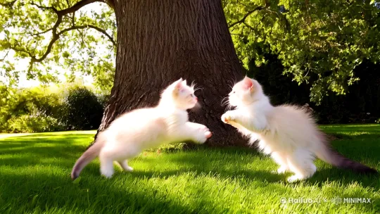 俩只小猫在一棵树榜相互玩耍的视频 by Hailuo AI Video Generator