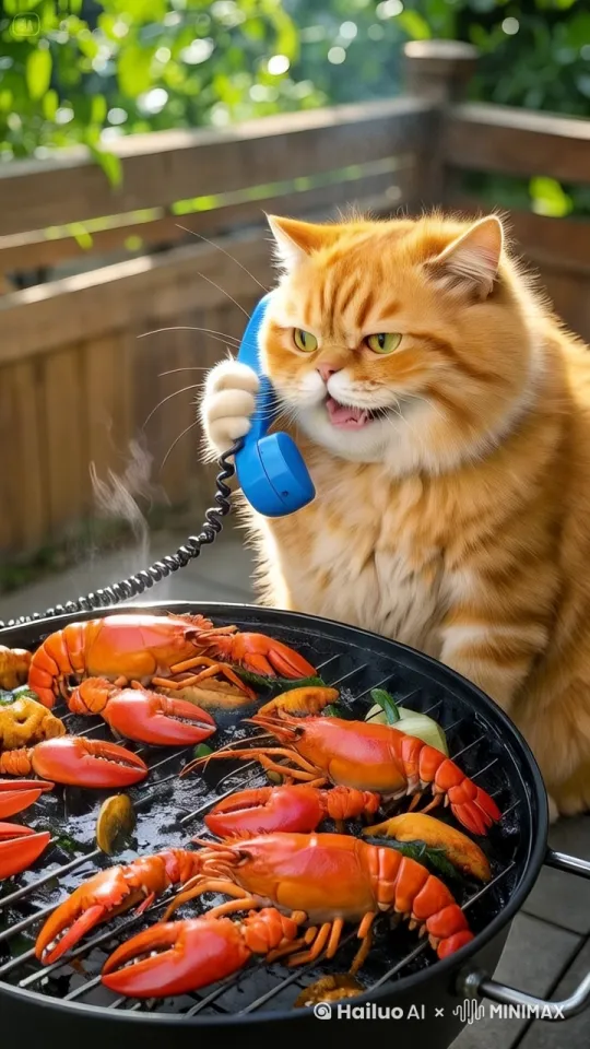 气鼓鼓橘猫边打电话，边烤着喷香小龙虾 。 by Hailuo AI Video Generator
